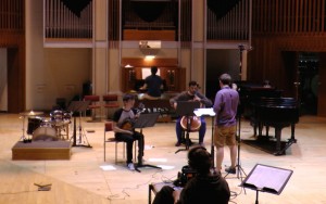 recording the theme with Jin, Tom, Will and Karl